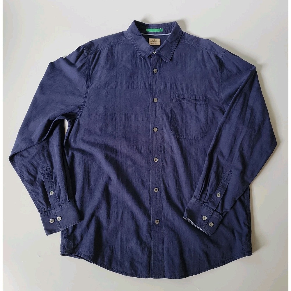 Tommy‎ Bahama Flip Cuff Button Up Shirt Large Navy Blue Subtle Jacquard Floral